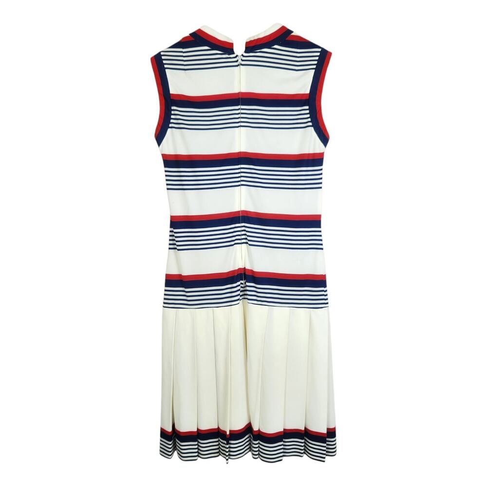 Vtg S/M Pleated Scooter Dress Tennis V-Neck Red Blue Drop Waist 60 70s Preppy - Picture 6 of 7
